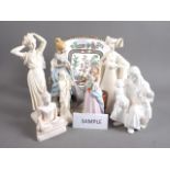 Two porcelain figures, women in period costume, three composition figures and other decorative china