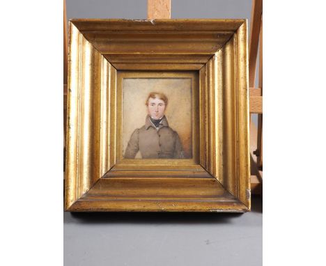 An early 19th century portrait miniature of a gentleman in a brown coat, 3 1/2" x 3", in gilt frame Condition: Watercolour on