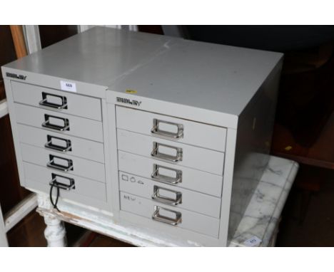 Two Bisley art metal five-drawer stationery chests, 11" wide x 16" deep x 12 3/4" high 