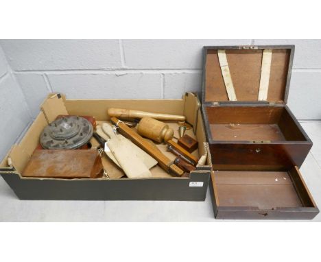 A box of assorted treen, including a bobbin stand and butter pats **PLEASE NOTE THIS LOT IS NOT ELIGIBLE FOR POSTING AND PACK