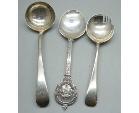 A Georgian silver ladle, a silver 'spork' and one other silver spoon by Mappin &amp;  Webb, 177g 