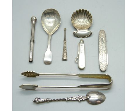 A pair of Russian silver olive nips, two silver caddy spoons including one William IV by Robert Hennell II, a silver fruit kn