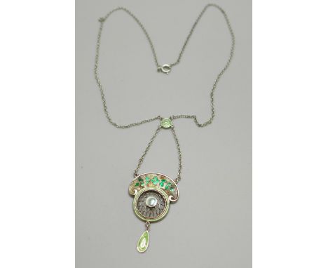 A Charles Horner silver, enamel and pearl drop pendant necklace, Chester, 1912 (a/f foliate section resurfaced) 