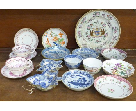 18th and 19th Century porcelain including two blue and white pickle dishes, pink lustre cups and saucers, New Hall porcelain 