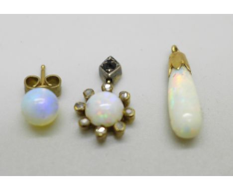A yellow metal and opal drop pendant, a diamond and opal pendant and one opal earring 