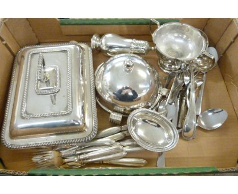 A collection of plated ware, a tureen, a plate with domed lid, shaker, two handled bowl, large ladle, other flatware and an o