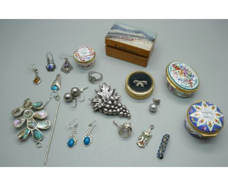 Three Halcyon Days enamels trinket pots, a small wooden box with hand painted scene, a silver brooch/pendant in the form of a