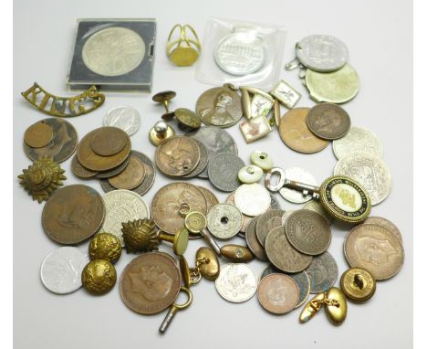 Coins, vintage gold metal racing themed cufflinks, etc. 