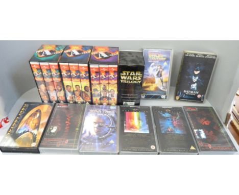 A vintage set of VHS tapes including A-Team, Star Wars, Back To The Future, Star Trek, The Incredible Hulk, etc. 