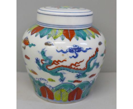 A 19th Century style Chinese Doucai tea caddy, 10.5cm 