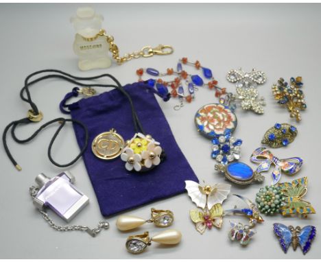 Vintage costume jewellery including Pierre Balmain earrings and perfume key chains (lacking contents) including Moschino and 