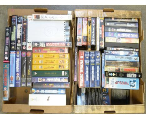 Vintage VHS tapes including Cert. 18, Rambo, Blade Runner, Indiana Jones, etc., and a box of Space and NASA DVDs 