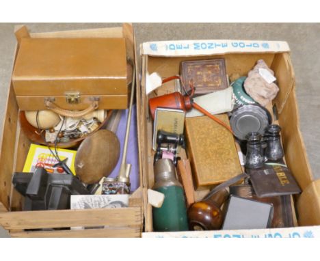 Two boxes of collectable items including enamelled opium pipe, oil can, Wade Whimsies, opera glasses, treen, etc. 