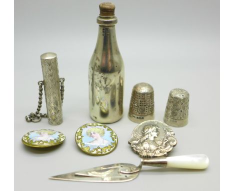 A silver scent bottle, Birmingham 1905, two silver thimbles, a silver bookmark, a Victorian silver needle case, Birmingham 18