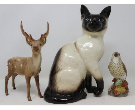 Large Beswick Siamese cat, Beswick stag, and a Royal Worcester thrush model no. 4234 (3), no cracks or chips, largest H: 24 c