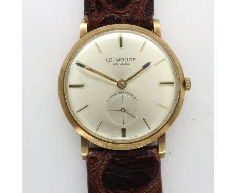 LE MONDE: Deluxe 9ct gold cased gents 17 jewel wristwatch on a leather strap, with guarantee from Prestons Ltd Bolton dated 1