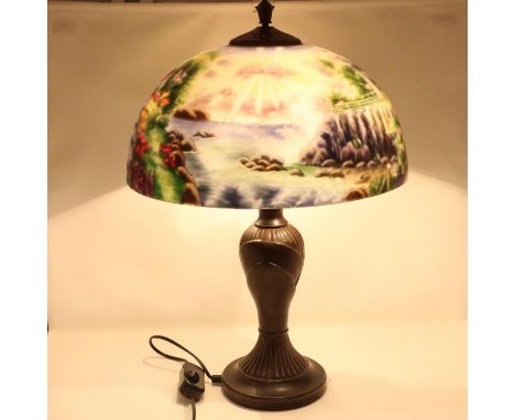 Large modern brass lamp with reverse glass painting to shade, H: 55 cm. Not available for in-house P&amp;P 