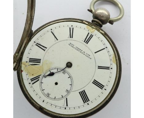 Kay Jones &amp; Co hallmarked silver key wind pocket watch, Chester assay, not working at lotting, requires attention. UK P&a