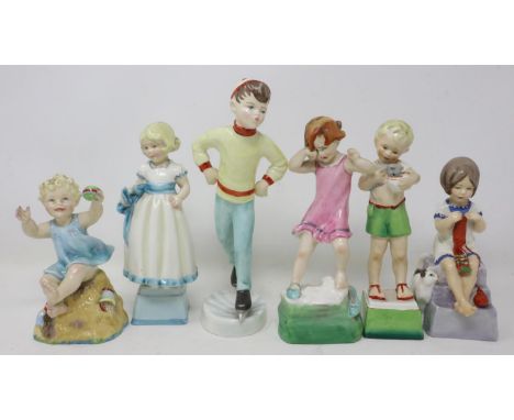 Six Royal Worcester Days of the Week figurines, lacking Thursday, hairline cracks to Wednesday, largest H: 21 cm. UK P&amp;P 