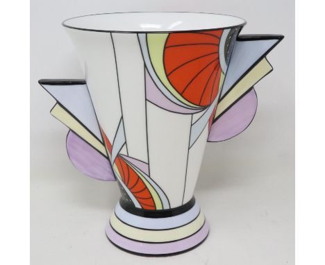 Brian Wood Art Deco style twin handled vase in the manner of Clarice Cliff, no cracks or chips, H: 21 cm. UK P&amp;P Group 2 