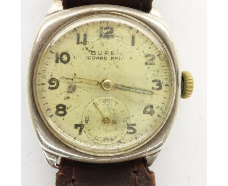 BUREN: Grand Prix gents wristwatch on a brown leather strap with 1951 ICI inscription verso, works for a short time then stop