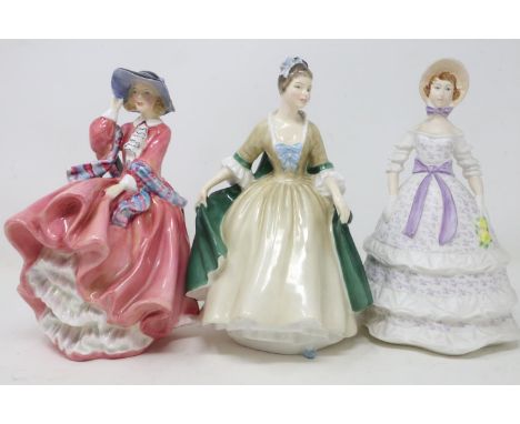 Two Royal Doulton figurines, Top O The Hill HN0849, and Elegance HN2264, and a Royal Worcester crinoline example (3), no crac
