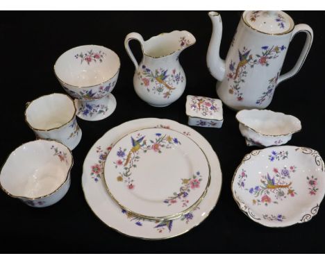 Hammersley ceramics in the Bird of Paradise pattern including teapot, covered box, etc (11), repaired chip to jug otherwise g