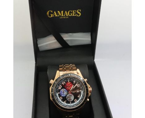 GAMAGES: gents automatic limited edition astronomer wristwatch with black dial, three subsidiary dials and date aperture on a