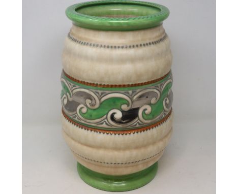 Charlotte Rhead for Crown Ducal, a substantial ribbed vase with tube-line decoration, H: 31 cm, very light crazing, but no ch