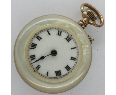 Mother of pearl and yellow metal cased ladies fob watch, working at lotting. UK P&amp;P Group 1 (£16+VAT for the first lot an