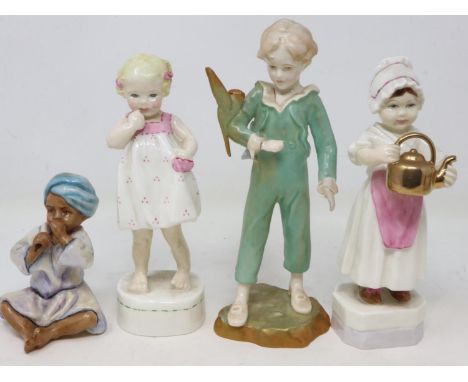 Four Royal Worcester figurines, Parakeet 3087, India 3071, Only Me 3226, and Polly Put the Kettle On 3303, all modelled by Fr