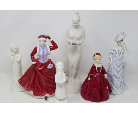 Three Royal Doulton figurines, Discovery HN3428, Helena Lady of the Year 2009, and Carol Singer Boy HN4031, with three Royal 