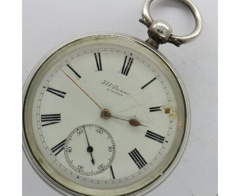 J.W. Benson of London hallmarked silver key wind pocket watch, London assay, runs for a short time then stops. UK P&amp;P Gro