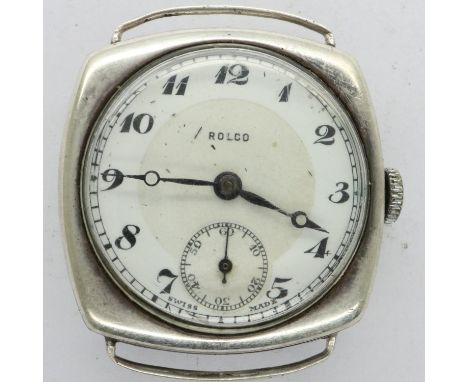 ROLCO (Rolex): 1930's gents mechanical wristwatch head in silver R.W.C case, not working at lotting.  UK P&amp;P Group 1 (£16