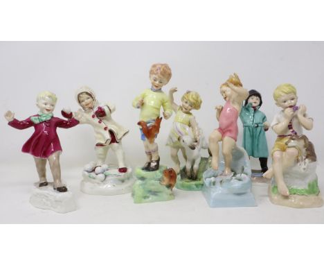 Seven Royal Worcester Months of the Year figurines modelled by Freda Doughty, no cracks or chips, largest H: 21 cm. UK P&amp;