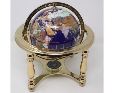 Brass bound globe of semi precious stones with compass set to base, H: 26 cm. UK P&amp;P Group 2 (£20+VAT for the first lot a