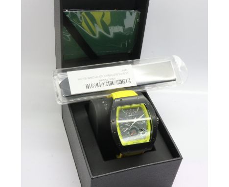 GAMAGES: gents limited edition automatic wristwatch with date aperture and three subsidiary dials on a yellow rubber strap, b