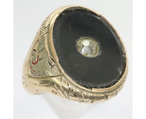 Yellow metal, stamped 9ct gold, gents signet ring, size O, 4.5g, misshapen. UK P&amp;P Group 0 (£6+VAT for the first lot and 
