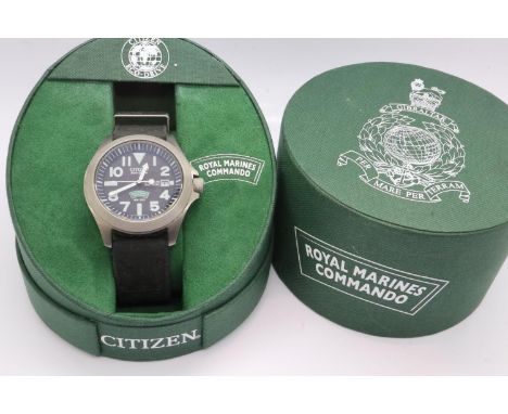 CITIZEN: Eco-Drive Royal Marines Commando gents wristwatch with date aperture, WR300 in a titanium case on a black canvas str