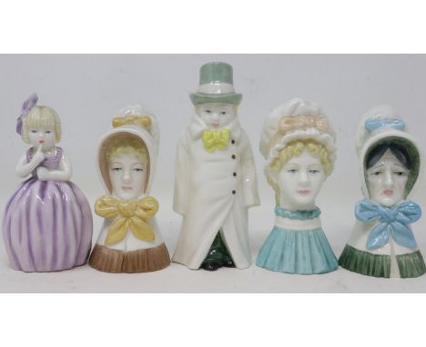 Five Royal Worcester candle snuffers, Old Woman, Young Girl, Mob Cap, Hush, and Budge, no cracks or chips, largest H: 11 cm. 