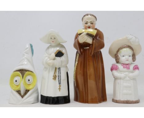 Four Royal Worcester candle snuffers, Feathered Hat, Owl, Monk, and Nun, no cracks or chips, largest H: 13 cm. UK P&amp;P Gro