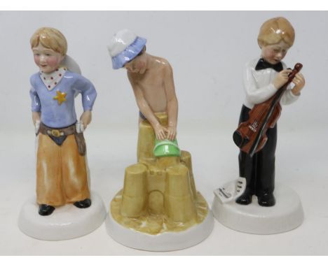 Three Royal Doulton Childhood Days figurines, Im Nearly Ready HN2976, Stick 'em Up HN2981, and Just One More HN2980, no crack