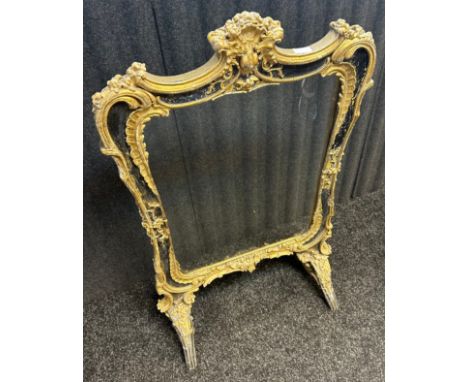 Antique French gilded fire screen with scroll and acanthus detail raised on trestle legs [110x64cm]