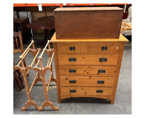 Pine 2 over 4 chest of drawers, two pine tower rails and small pine tool chest