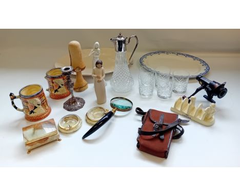 Collection of Odds; Crystal pitcher with glasses, onyx trinket dishes with box, horn handle magnetify glass, antique platters