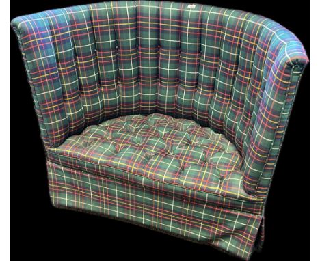A high back double seat drum chair, recovered in a tartan upholstery with button detail. [76.5x118cm]