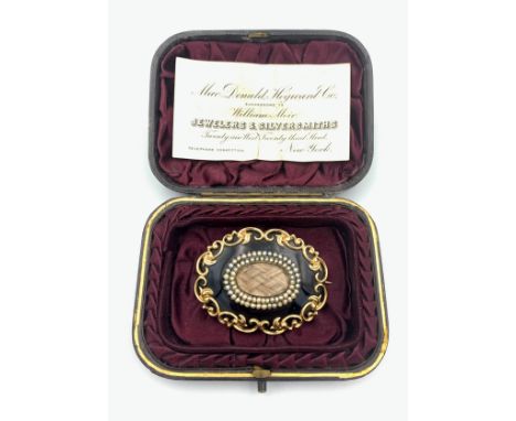 Victorian gold plated mourning brooch, black enamel and seed pearl, inscribed 'In Memory of Mary Simpson died 21st Aug 1856' 