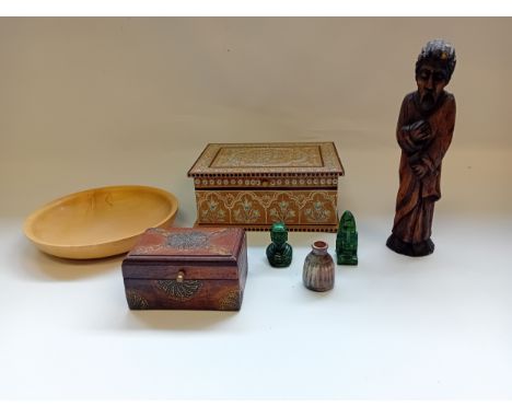 Two Inlaid boxes, Vintage wooden carved religious figure, ceramic glazed vase and resin figures.