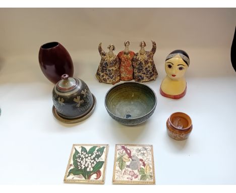 Mixed lot of collectable odds to include pottery glaze ceramic bowl, lady figures, vase, tiles and  papier mache bust