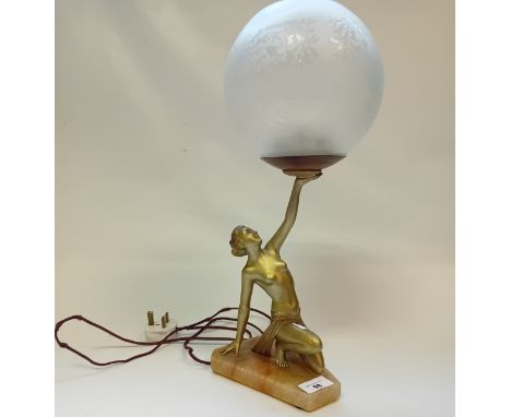 Art Deco Figural Table Lamp on onyx base with glass shade[Approx 47cm with shade]